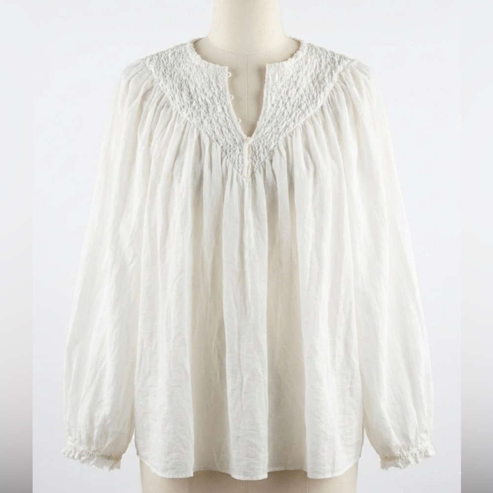 NWT•Massimo Dutti White Smocked V-Neck Blouse Balloon Sleeve Boho Cottagecore XS